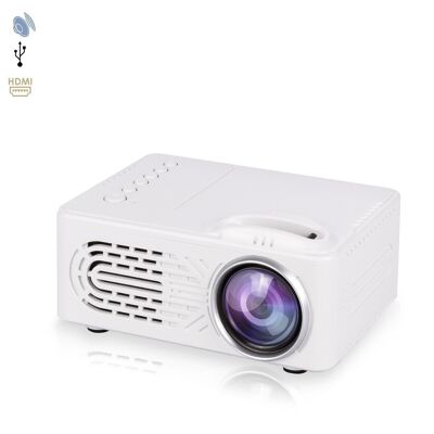 Mini video projector 814. Supports HD 1080P. From 25 to 80 inches, 1000:1 contrast, built-in speaker and remote control. White