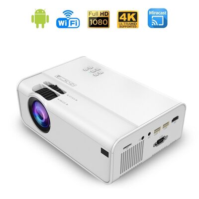 Video proyector LED A13 con Wifi y Android 6.0 incorporado. Full HD1080P, soporta 4K. De 27 a 200 pulgadas, brillo 8000 lm, altavoz incorporado. Blanco