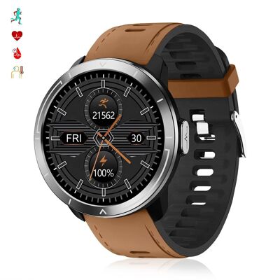 Smartwatch M18 Plus. Armband aus Leder und Silikon. Mit Körperthermometer, Atemfrequenz, Blutdruck und O2. Multisport-Modus. Schwarz