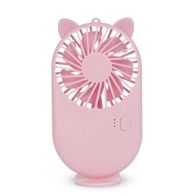 Portable mini fan with 800mAh battery. Support stand for table. Light pink