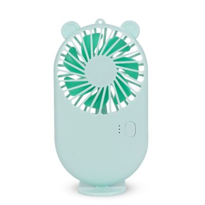 Portable mini fan with 800mAh battery. Support stand for table. Light green
