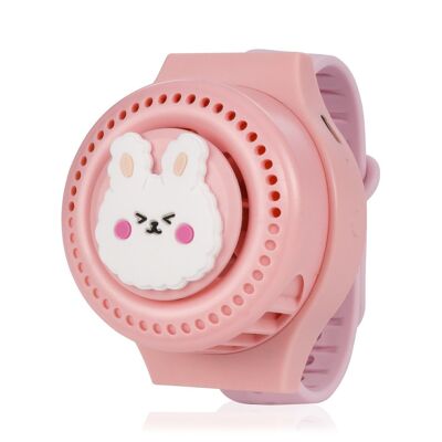 Reloj ventilador portátil con batería de 300mAh. Diseño conejito. 3 velocidades. Rosa Claro