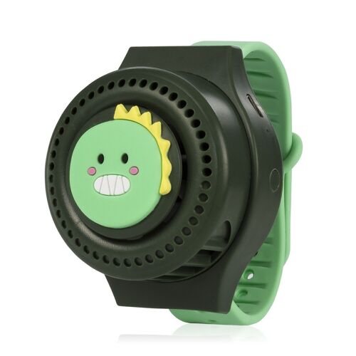 Reloj ventilador portátil con batería de 300mAh. Diseño dinosaurio. 3 velocidades. Verde