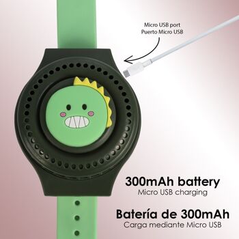 Horloge ventilateur portable avec batterie 300 mAh. Conception de dinosaure. 3 vitesses. Vert 2
