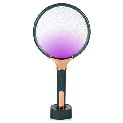 Intelligent electric racket kills mosquitoes. Built-in lithium battery. 360-400 NM light. Effective against flies, mosquitoes and moths. Dark green