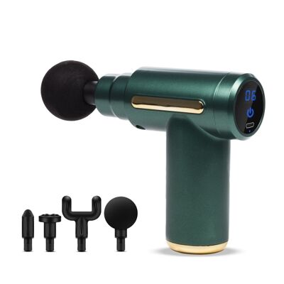 Fascia Gun BX720 mini muscle massage gun with touch screen. 6 levels with speed from 1800 to 3200 rpm. 4 heads. Dark green