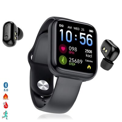 X5 smart bracelet with built-in TWS Bluetooth earphones, thermometer and heart rate monitor. Black