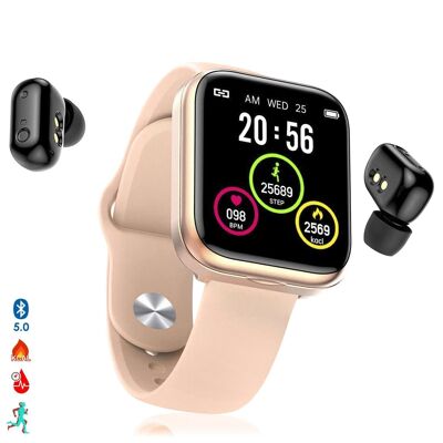 X5 smart bracelet with built-in TWS Bluetooth earphones, thermometer and heart rate monitor. Light pink