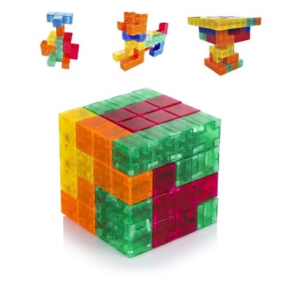 Multi-color 3D magnetic building blocks, game of intelligence and skill. 40 challenges various levels of difficulty, 33 pieces. Multicolored
