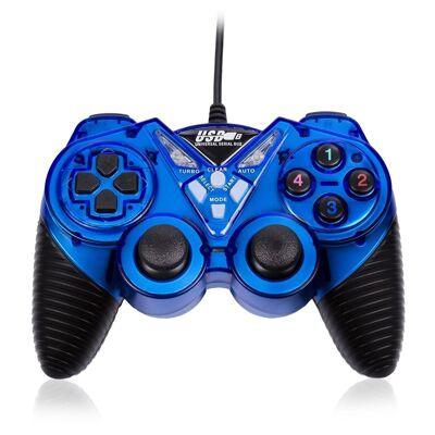 Mando gaming USB para PC, con cable. 12 botones, joysticks analógicos. Azul