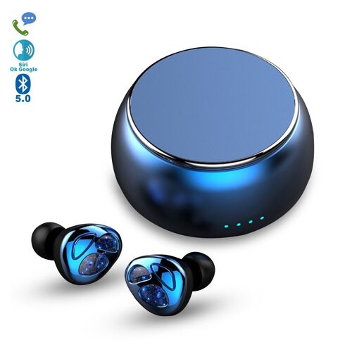 Auriculares TWS D09 Bluetooth 5.0, controles de reproducción. Base de carga 420mAh. Azul