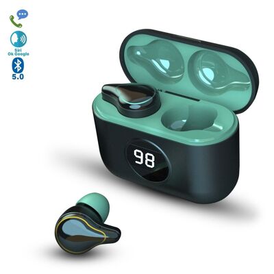 TWS SE-16S Bluetooth 5.0 earphones, touch controls. 500mAh charging base with screen. Green