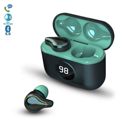 Auriculares TWS SE-16S Bluetooth 5.0, controles táctiles. Base de carga de 500mAh con pantalla. Verde