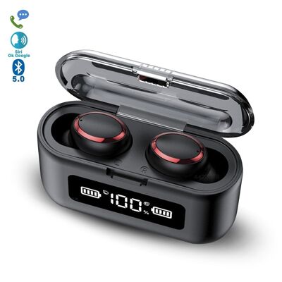 Auriculares TWS F9-281 Electroplate Bluetooth 5.0, control táctil. Base de carga con pantalla led, 2000mAh con función powerbank. Negro