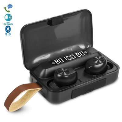 TWS BTH-F9-10 Bluetooth 5.0 earphones, touch control. Charging base with led screen, 2000mAh with powerbank function. Black
