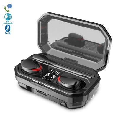 TWS M15 Bluetooth 5.0 earphones, touch control. Charging base with charge indicator, 2000mAh, built-in flashlight, Powerbank function. Black