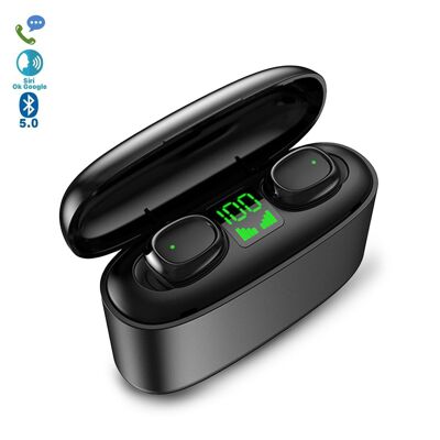 TWS G5S Bluetooth 5.0 earphones, touch control. Charging base with charge indicator, 2200mAh, Powerbank function. Black
