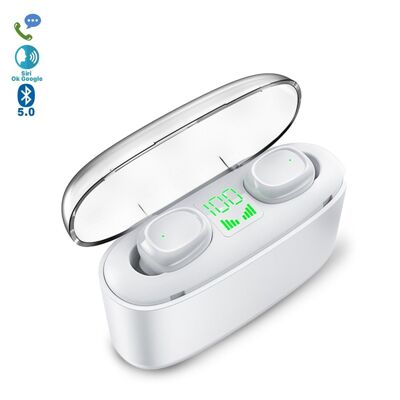 TWS G5S Bluetooth 5.0 earphones, touch control. Charging base with charge indicator, 2200mAh, Powerbank function. White