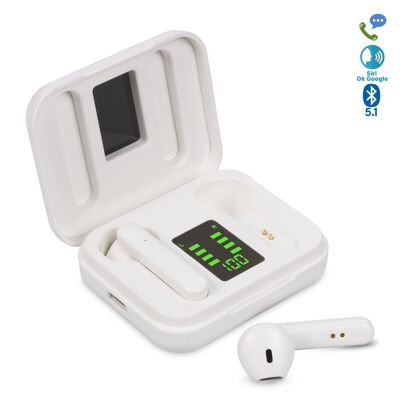 TWS L12 Bluetooth 5.1 earphones, touch control. Charging base with charge indicator, 200mAh. White