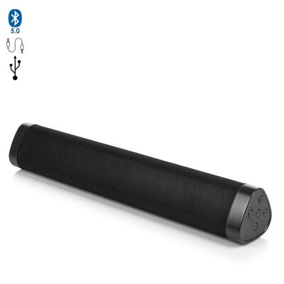 A500 Bluetooth 5.0 sound bar speaker, 2 front speakers. USB input, micro SD card and 3.5 jack. FM Radio. Black
