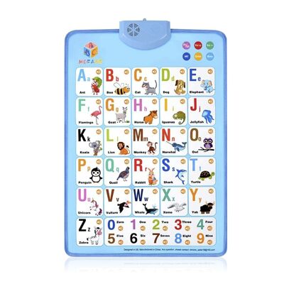Interactive electronic alphabet to learn English, talking ABC and music poster. Educational toy for young children. Children's fun in kindergarten, preschool. Light Blue