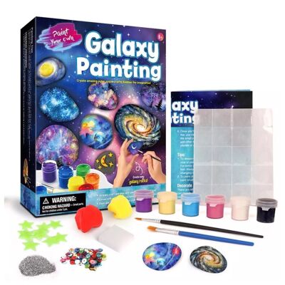 Creative stone painting kit, with glow in the dark effect. Includes brushes, paints, stickers and decorative powders. Multicolored