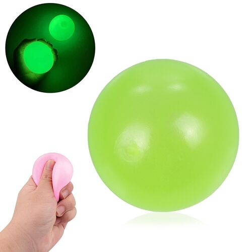Bola de silicona antiestrés de 5,5cm, brilla en la oscuridad. Bola blanda para apretar y estrujar. Pegajosa, se pega en techo y paredes durante unos segundos. Verde