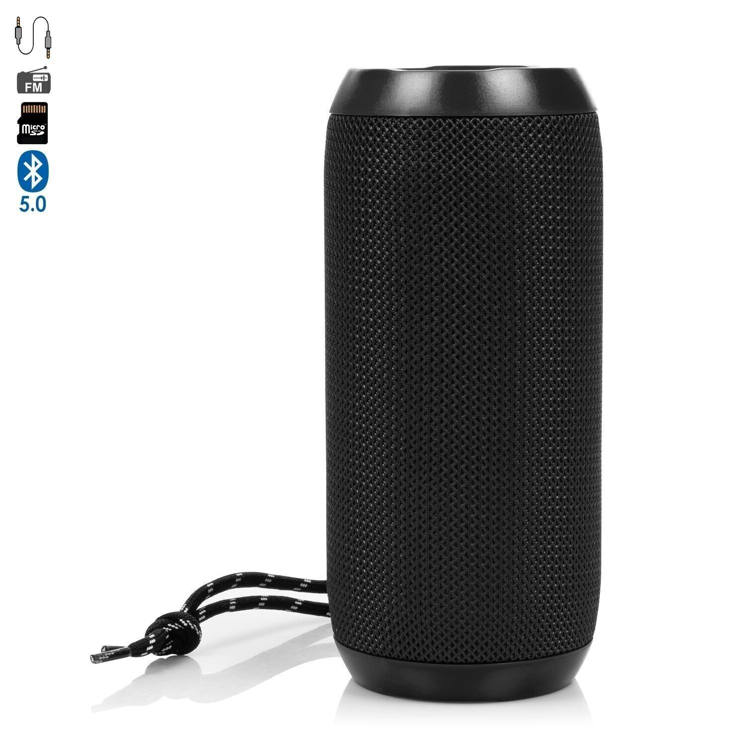 Haut-parleur Bluetooth portable A117. Lecteur USB, micro SD, radio FM et mains libres. Entrée auxiliaire jack 3,5 mm. Le noir