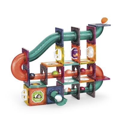 Marble race game. Transparent magnetic pieces, building blocks. 78 pieces. Multicolored