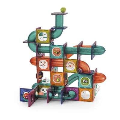 Marble race game. Transparent magnetic pieces, building blocks. 156 pieces. Multicolored