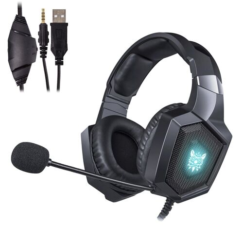 Headset Onikuma K8. Auriculares gaming con micrófono omnidireccional y reducción de ruido. Conexión minijack, luces LED. Compatible con smartphone, PS4, PS5, PC, etc. Negro