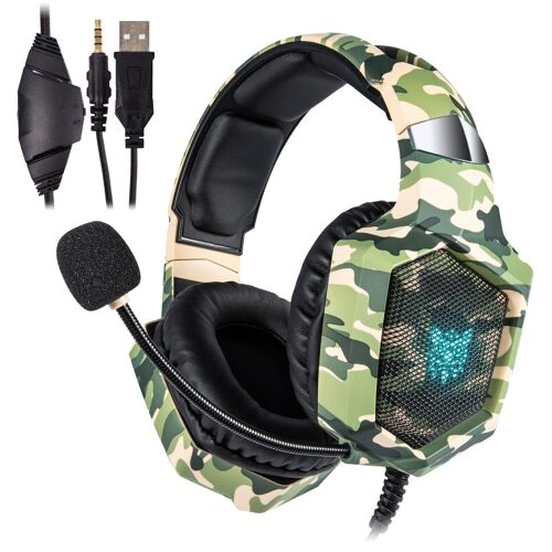 Headset Onikuma K8. Auriculares gaming con micrófono omnidireccional y reducción de ruido. Conexión minijack, luces LED. Compatible con smartphone, PS4, PS5, PC, etc. Camuflaje Verde
