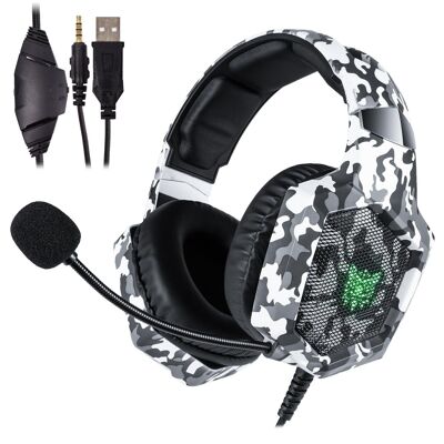 Headset Onikuma K8. Auriculares gaming con micrófono omnidireccional y reducción de ruido. Conexión minijack, luces LED. Compatible con smartphone, PS4, PS5, PC, etc. Camuflaje Gris