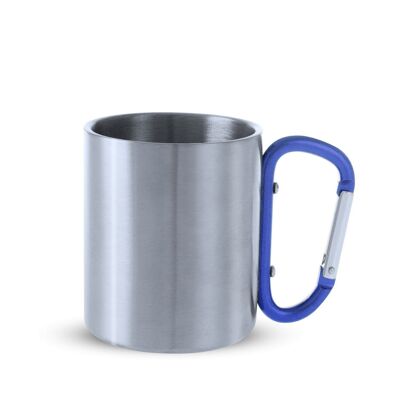 Bastic 210ml capacity stainless steel mug with a polished finish body and a carabiner handle Blue
