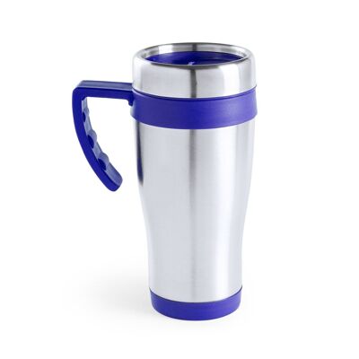 Carson 450ml capacity stainless steel mug with a polished finish body and matching accessories. Blue