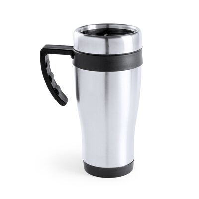 Carson 450ml capacity stainless steel mug with a polished finish body and matching accessories. Black
