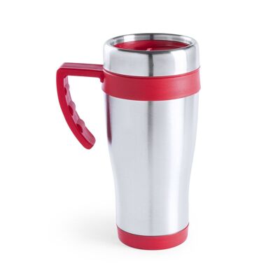Carson 450ml capacity stainless steel mug with a polished finish body and matching accessories. Red