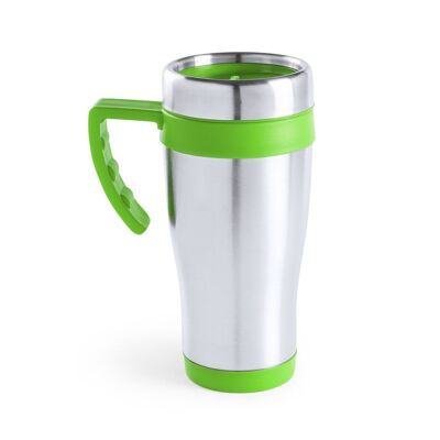 Carson 450ml capacity stainless steel mug with a polished finish body and matching accessories. Light green