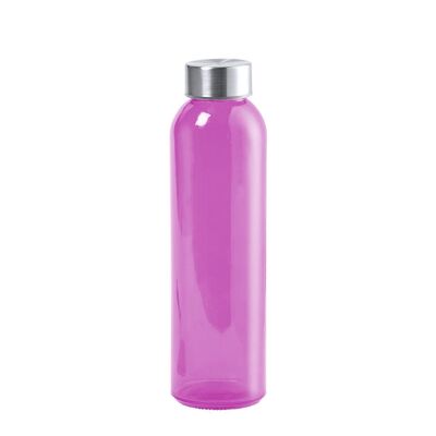 Terkol 500ml glass bottle, transparent body in BPA-free material and stainless steel screw cap. Fuchsia