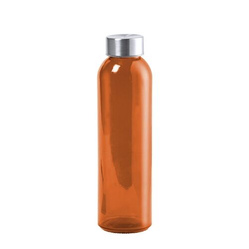 Terkol bidón de cristal de 500ml, cuerpo transparente en material libre de BPA y tapón a rosca en acero inox. Naranja