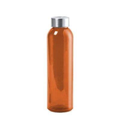 Terkol 500ml glass bottle, transparent body in BPA-free material and stainless steel screw cap. Orange