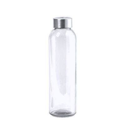 Terkol 500ml glass bottle, transparent body in BPA-free material and stainless steel screw cap. Transparent
