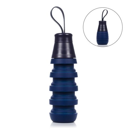 Botella deportiva plegable de silicona. 250 a 500ml, libre de BPA, tapón de rosca en PP. Azul Oscuro