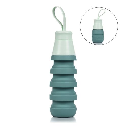 Botella deportiva plegable de silicona. 250 a 500ml, libre de BPA, tapón de rosca en PP. Verde Aguamarina