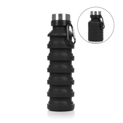 Collapsible silicone sports bottle. 470 to 550ml, BPA free, stainless steel screw cap. Black