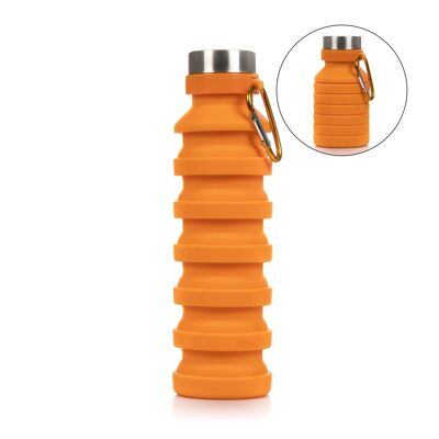 Collapsible silicone sports bottle. 470 to 550ml, BPA free, stainless steel screw cap. Orange