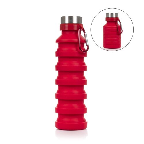 Botella deportiva plegable de silicona. 470 a 550ml, libre de BPA, tapón de rosca de acero inoxidable. Rojo