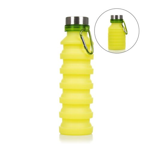 Botella deportiva plegable de silicona. 470 a 550ml, libre de BPA, tapón de rosca de acero inoxidable. Verde Claro