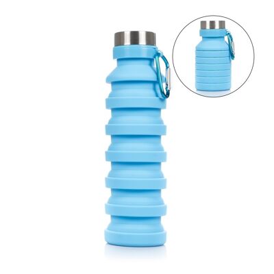 Collapsible silicone sports bottle. 470 to 550ml, BPA free, stainless steel screw cap. Blue