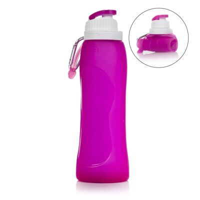 500ml collapsible roll-on bottle, made of food grade silicone. With carabiner. Fuchsia